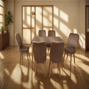 Hamilton Brown Wooden Extendable Dining Table with all six matching chairs arranged around it, showing the complete dining set in a home setting