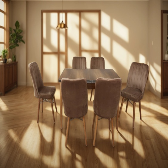 Hamilton Brown Wooden Extendable Dining Table with all six matching chairs arranged around it, showing the complete dining set in a home setting