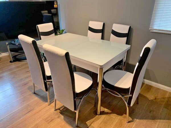 Modern Glass Dining Set | Turkish White Table with 4-6 Chairs