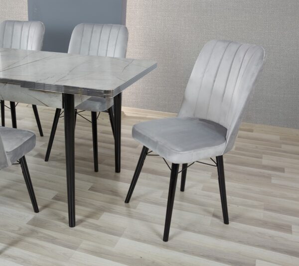 LAGINA Grey Velvet Dining Set - Extendable Wood Table & 6 Chairs