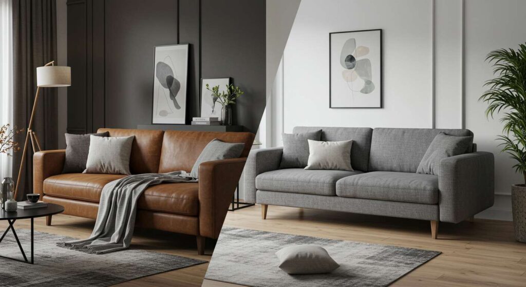 Side-by-side comparison of leather and fabric sofabeds in a contemporary living space showing different aesthetic appeals