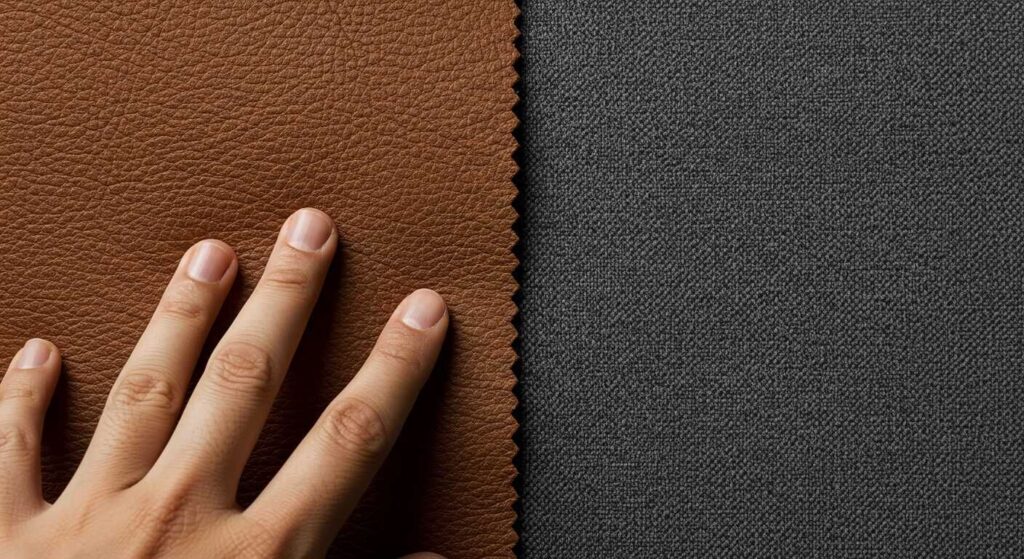 Texture comparison between leather and fabric sofabed materials highlighting tactile differences and surface qualities