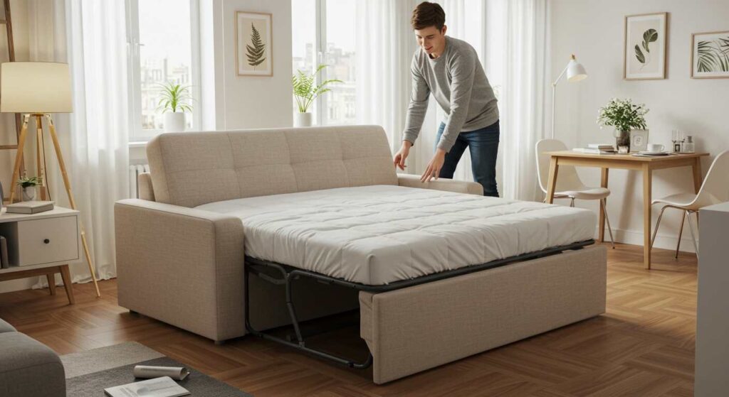Demonstration of a fabric sofabed's conversion mechanism showing the transformation from seating to sleeping surface